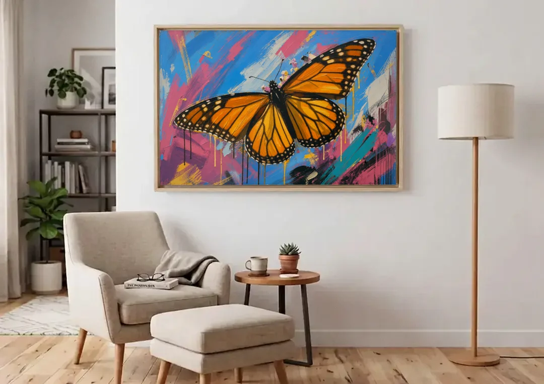 Monarch Butterfly Wall Art with Dripping Wings canvas wall art above an armchair in a bright living room