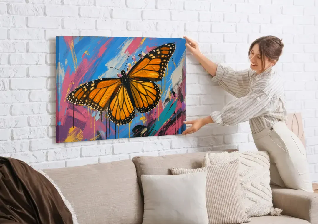 Monarch Butterfly Wall Art with Dripping Wings canvas wall art being hung on a white brick wall above a sofa