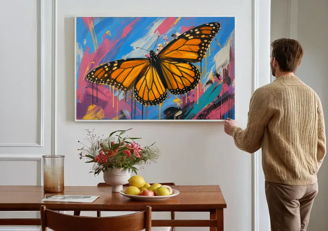 Monarch Butterfly Wall Art with Dripping Wings canvas wall art above a dining table