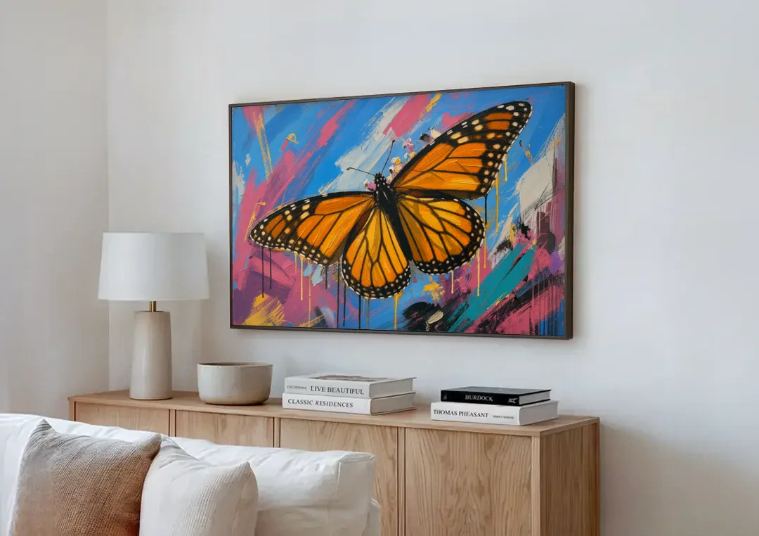 Monarch Butterfly Wall Art with Dripping Wings canvas wall art above a wooden sideboard next to a sofa