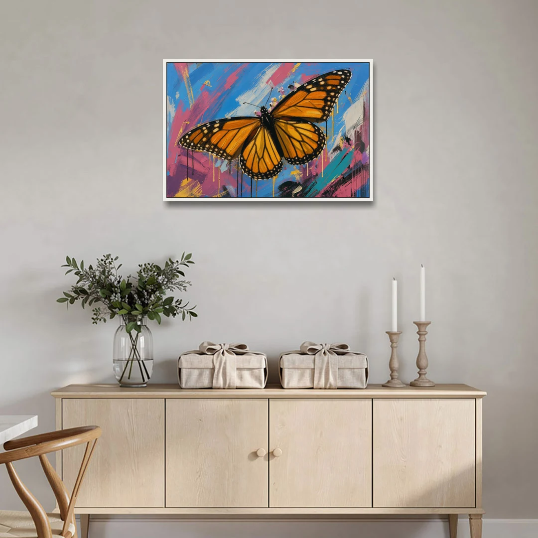 Monarch Butterfly Wall Art with Dripping Wings - White Framed Canvas Wall Art - Coffee Table - 36x24