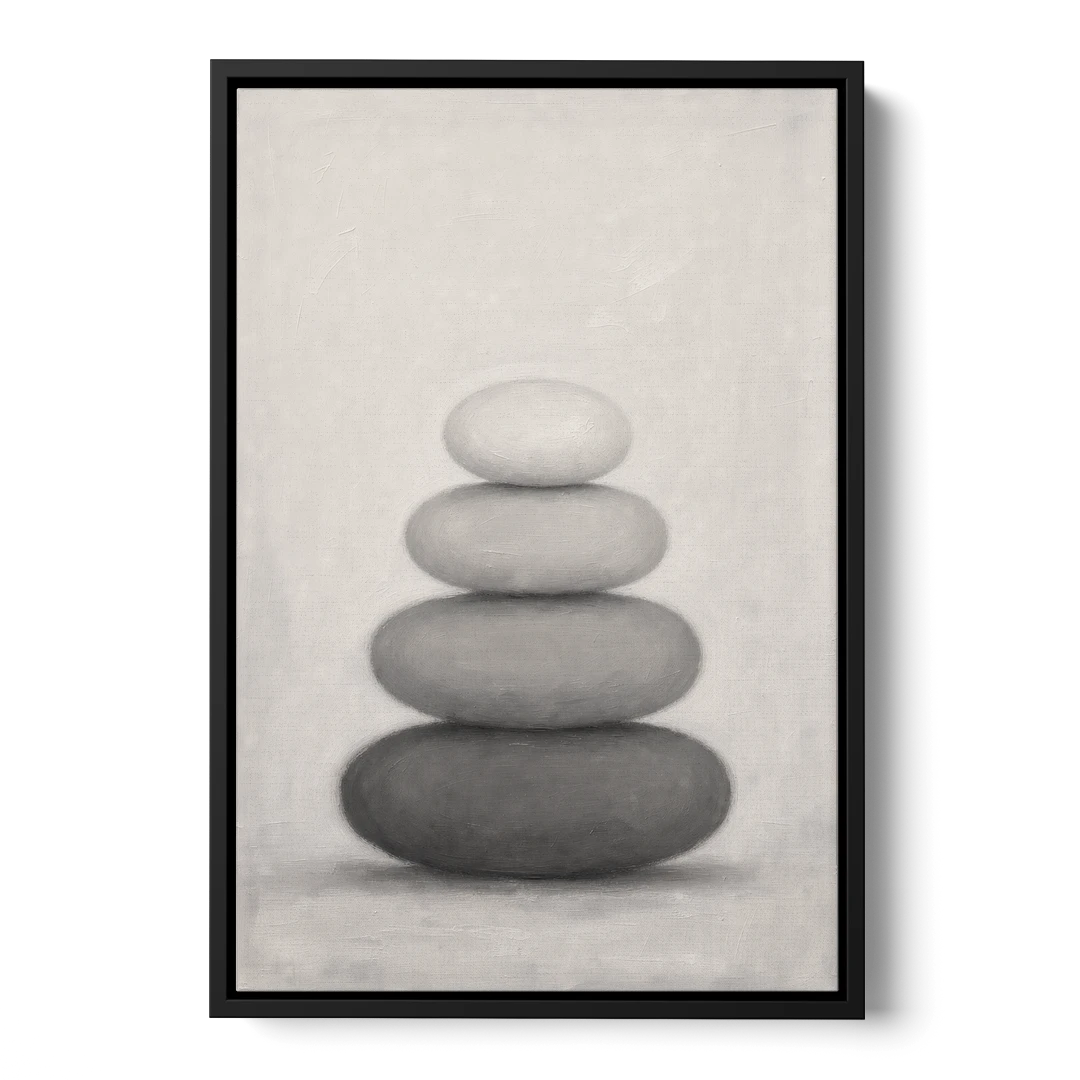 Monochrome Abstract Painting of Stacked Ovals - Black Framed Canvas Wall Art - Front