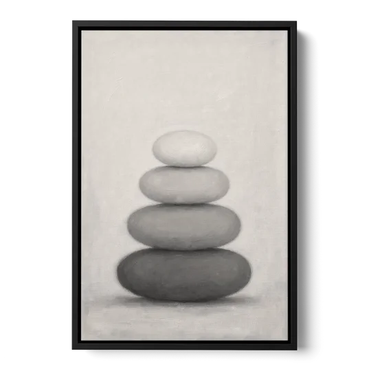 Monochrome Abstract Painting of Stacked Ovals - Black Framed Canvas Wall Art - Front