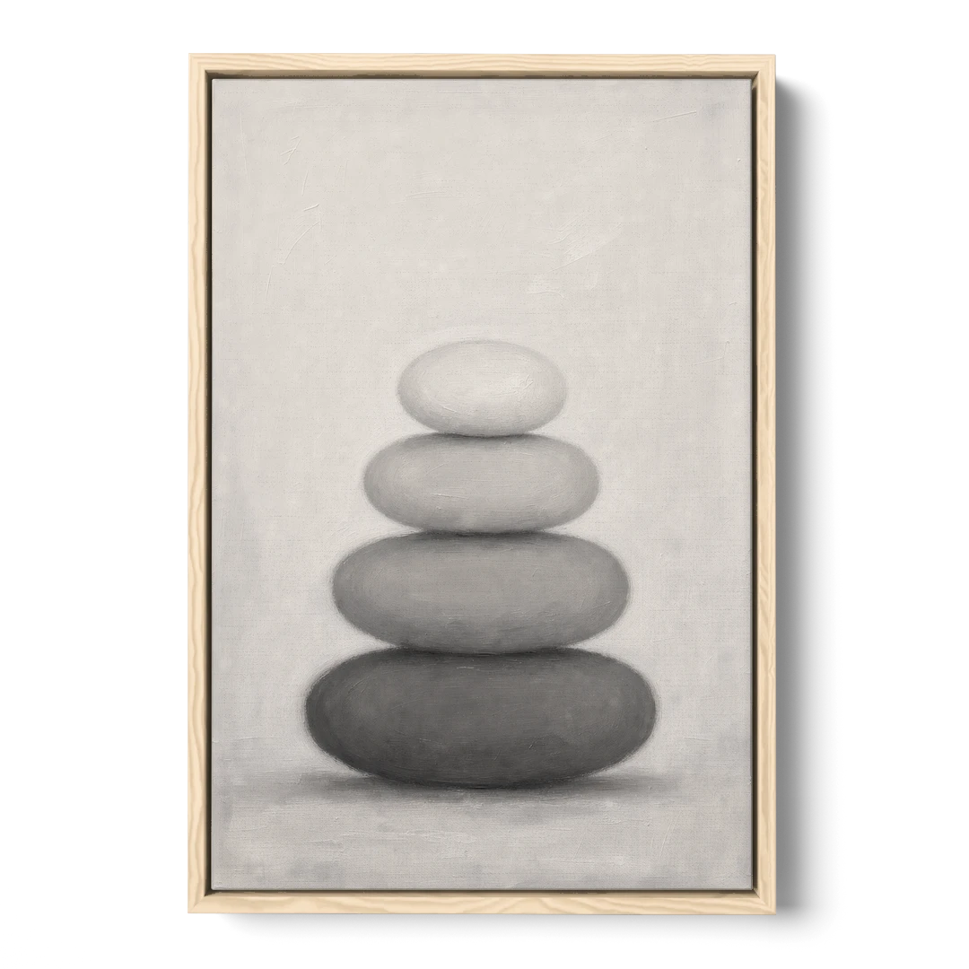 Monochrome Abstract Painting of Stacked Ovals - Oak Framed Canvas Wall Art - Front