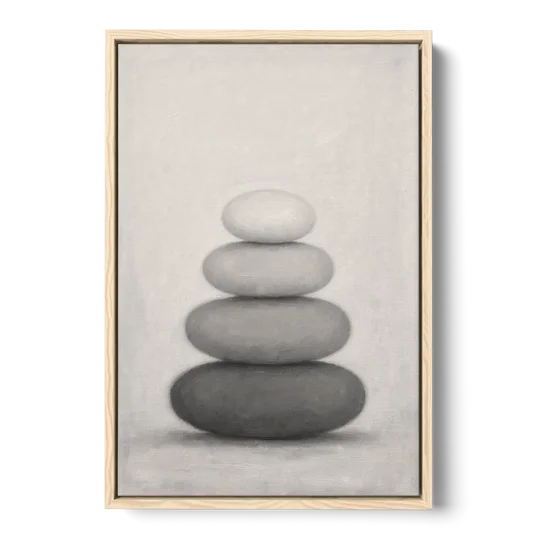 Monochrome Abstract Painting of Stacked Ovals - Oak Framed Canvas Wall Art - Front