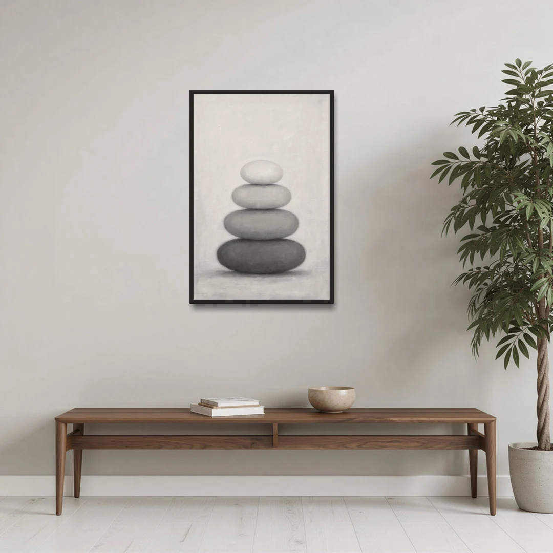 Monochrome Abstract Painting of Stacked Ovals - Black Framed Canvas Wall Art - Coffee Table - 24x36