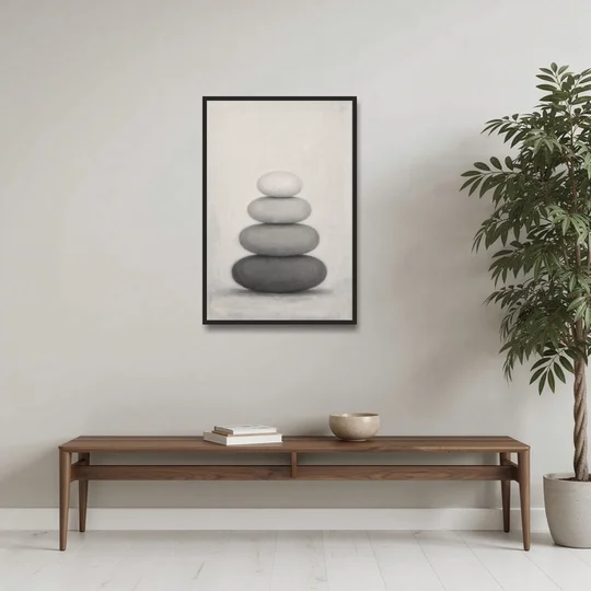 Monochrome Abstract Painting of Stacked Ovals - Black Framed Canvas Wall Art - Coffee Table - 24x36