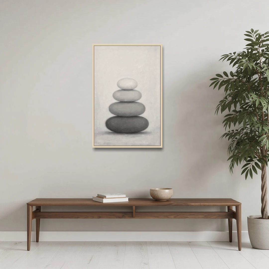 Monochrome Abstract Painting of Stacked Ovals - Oak Framed Canvas Wall Art - Coffee Table - 24x36