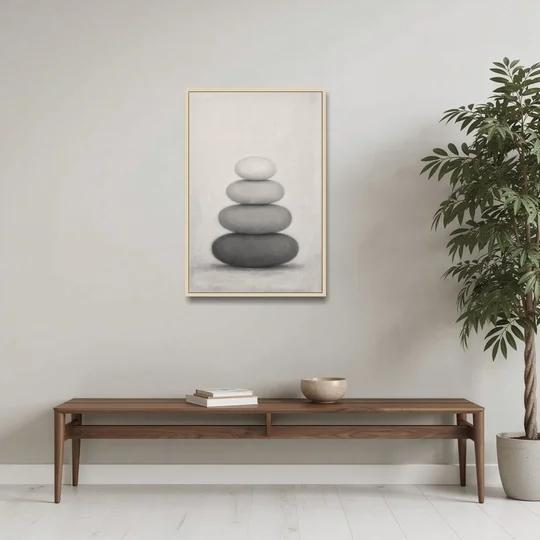 Monochrome Abstract Painting of Stacked Ovals - Oak Framed Canvas Wall Art - Coffee Table - 24x36