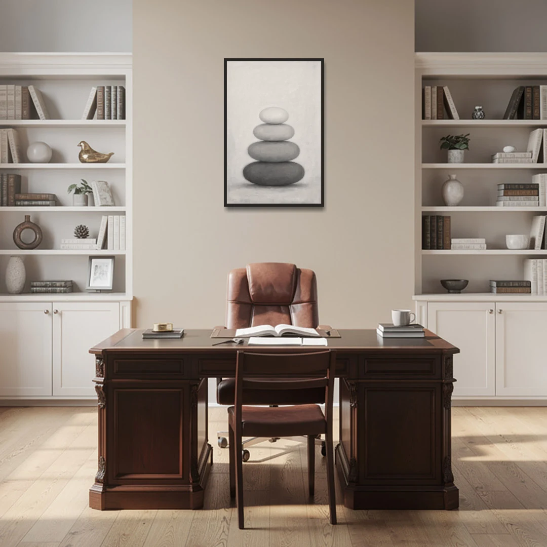Monochrome Abstract Painting of Stacked Ovals - Black Framed Canvas Wall Art - Office - 24x36
