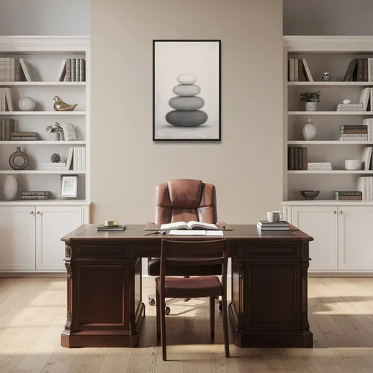 Monochrome Abstract Painting of Stacked Ovals - Black Framed Canvas Wall Art - Office - 24x36
