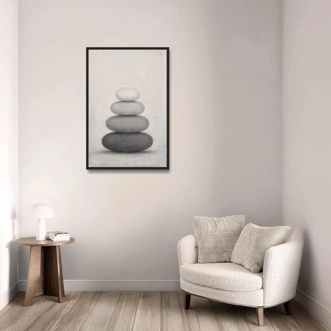 Monochrome Abstract Painting of Stacked Ovals - Black Framed Canvas Wall Art - Sofa - 24x36