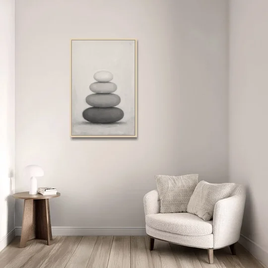 Monochrome Abstract Painting of Stacked Ovals - Oak Framed Canvas Wall Art - Sofa - 24x36