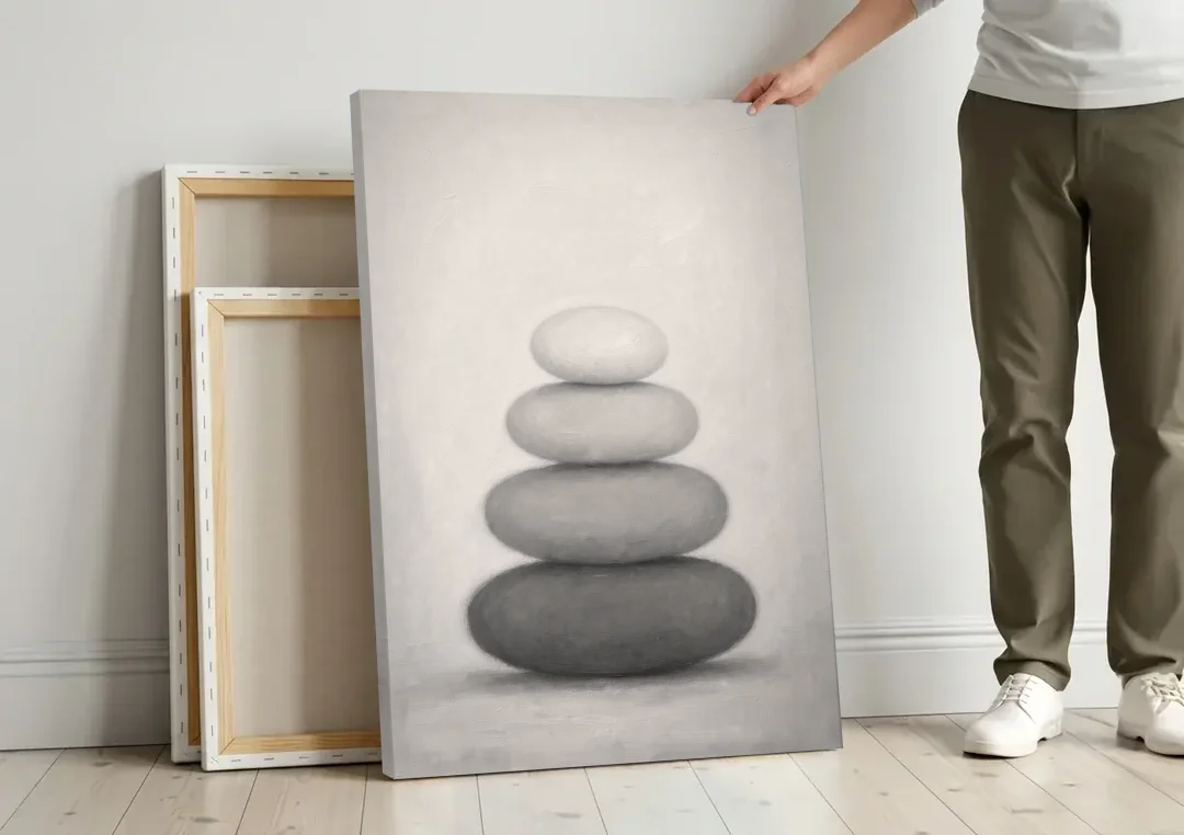 Monochrome Abstract Painting of Stacked Ovals canvas wall art leaning against a wall next to blank canvases