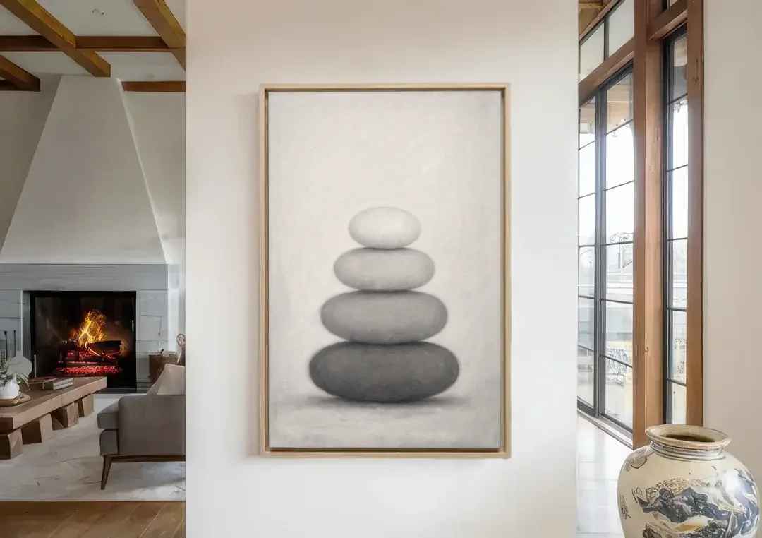 Monochrome Abstract Painting of Stacked Ovals canvas wall art in a living room with a fireplace