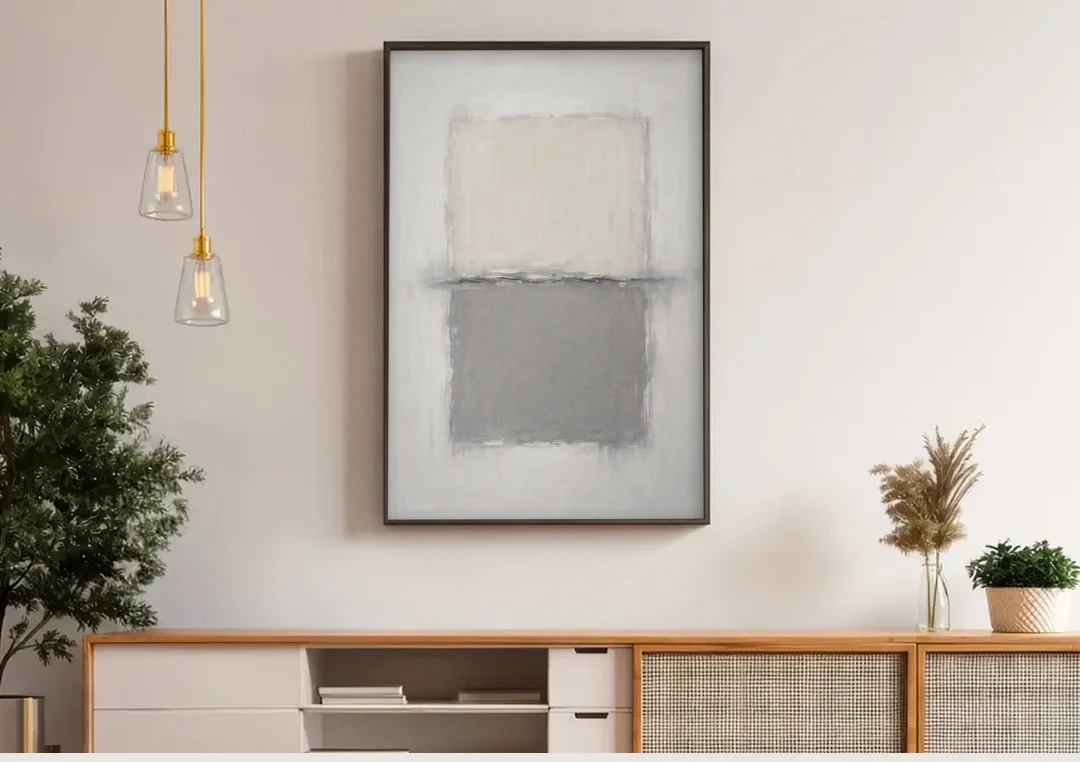 Monochrome Abstract Wall Art with a Charcoal Seam canvas wall art above a wooden sideboard under pendant lights