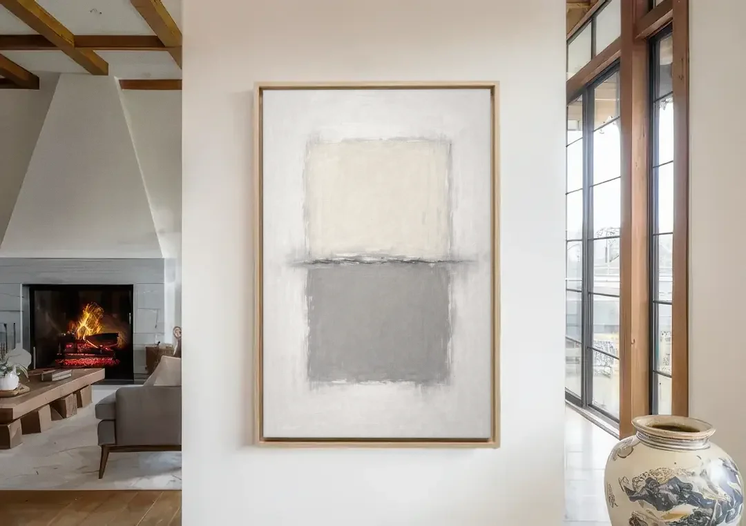Monochrome Abstract Wall Art with a Charcoal Seam canvas wall art in a living room with a fireplace
