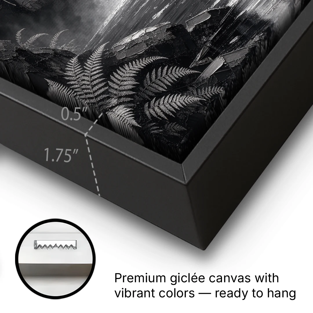 Monochrome Landscape Painting of a Tiered Waterfall - Black Framed Canvas Wall Art - Gallery Wrap Corner
