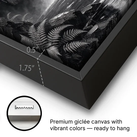 Monochrome Landscape Painting of a Tiered Waterfall - Black Framed Canvas Wall Art - Gallery Wrap Corner