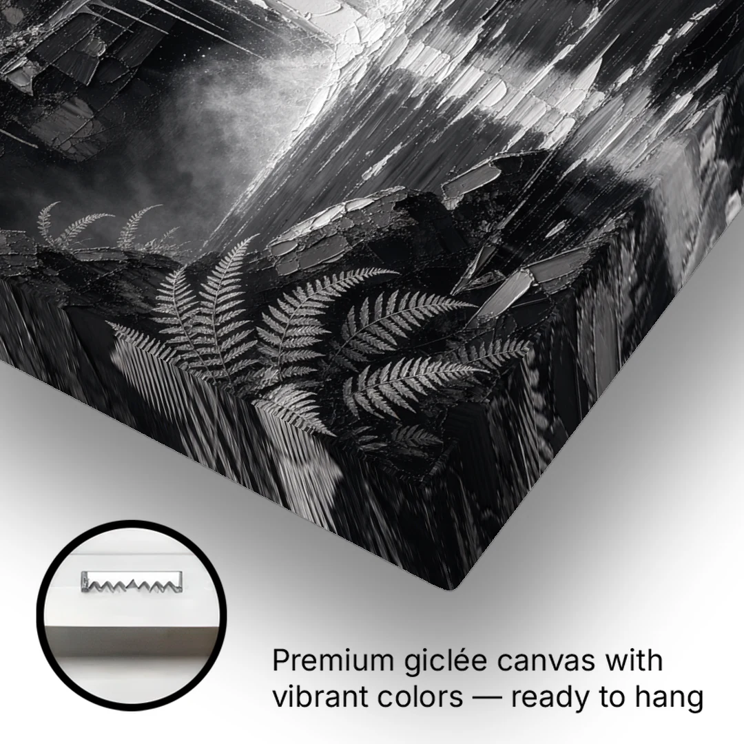 Monochrome Landscape Painting of a Tiered Waterfall - Canvas Wall Art - Gallery Wrap Corner