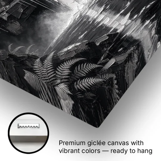 Monochrome Landscape Painting of a Tiered Waterfall - Canvas Wall Art - Gallery Wrap Corner