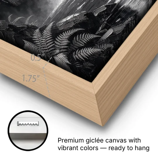 Monochrome Landscape Painting of a Tiered Waterfall - Oak Framed Canvas Wall Art - Gallery Wrap Corner