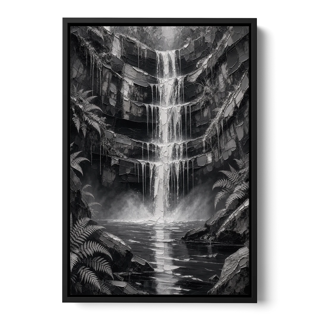 Monochrome Landscape Painting of a Tiered Waterfall - Black Framed Canvas Wall Art - Front