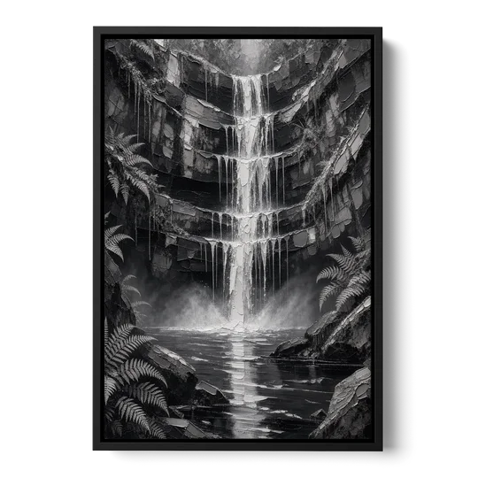 Monochrome Landscape Painting of a Tiered Waterfall - Black Framed Canvas Wall Art - Front