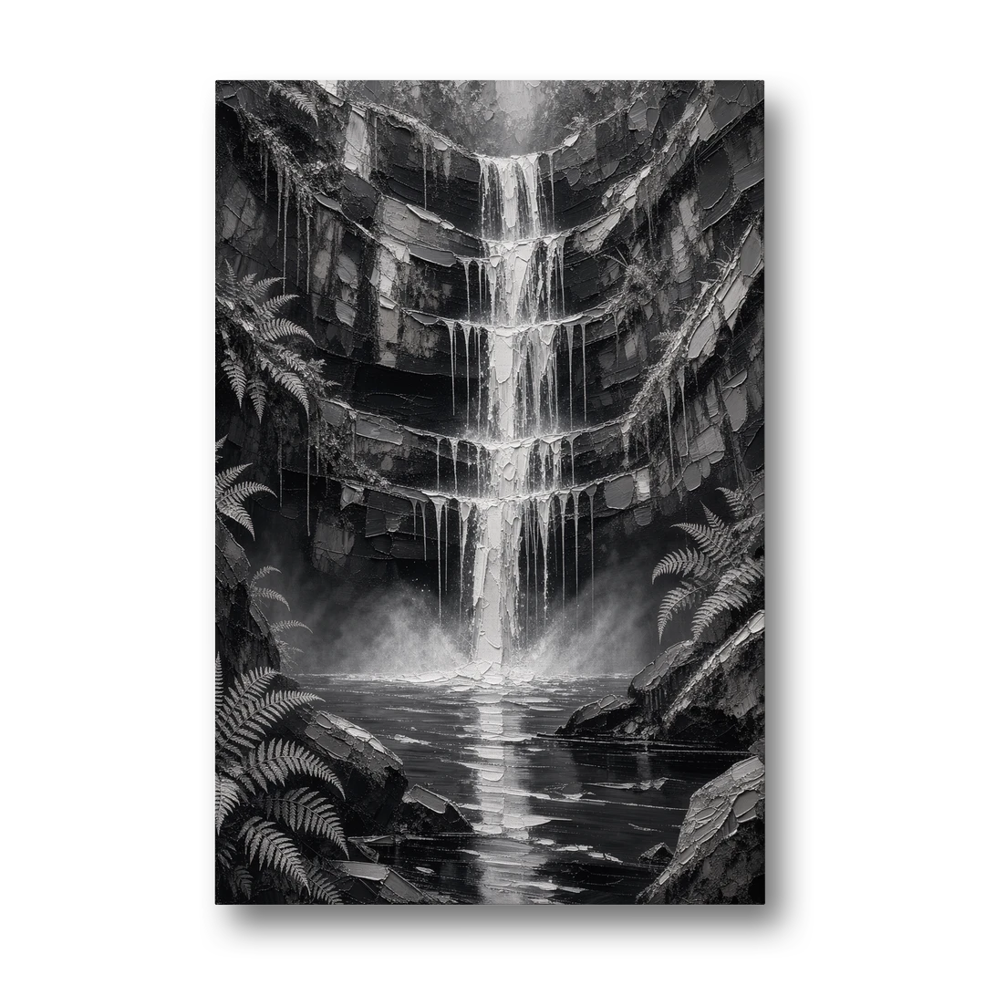 Monochrome Landscape Painting of a Tiered Waterfall - Canvas Wall Art - Front