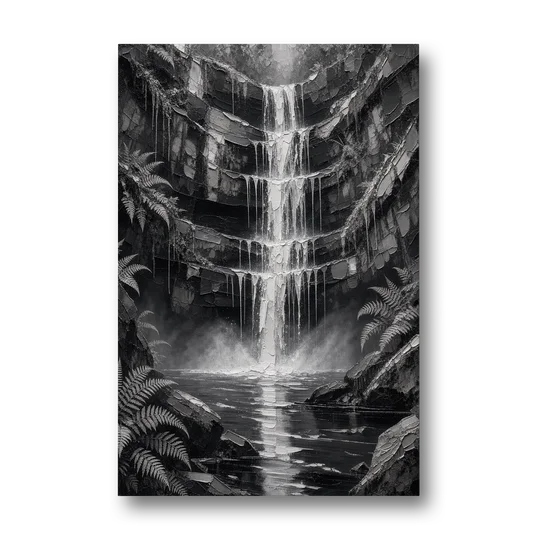 Monochrome Landscape Painting of a Tiered Waterfall - Canvas Wall Art - Front