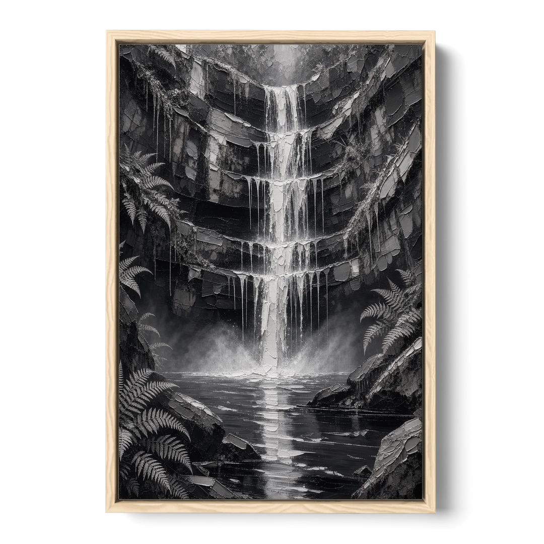 Monochrome Landscape Painting of a Tiered Waterfall - Oak Framed Canvas Wall Art - Front