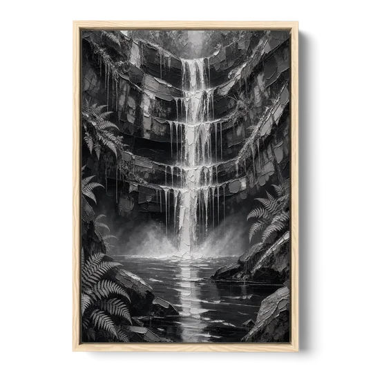 Monochrome Landscape Painting of a Tiered Waterfall - Oak Framed Canvas Wall Art - Front