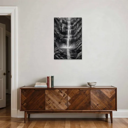 Monochrome Landscape Painting of a Tiered Waterfall - Canvas Wall Art - Coffee Table - 24x36