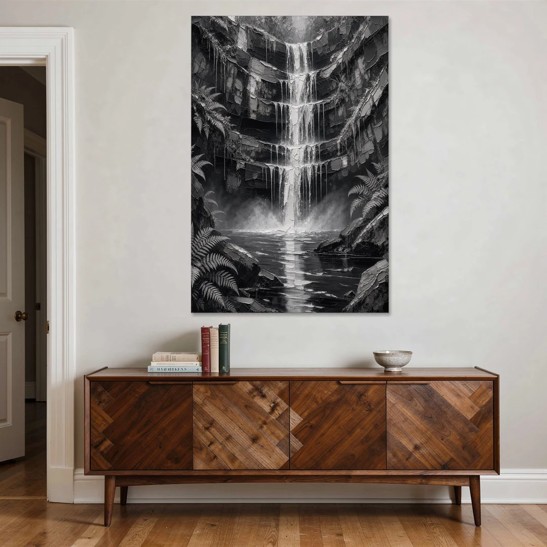 Monochrome Landscape Painting of a Tiered Waterfall - Canvas Wall Art - Coffee Table - 40x60