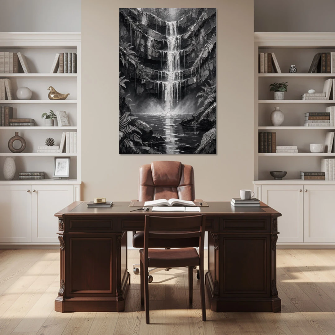 Monochrome Landscape Painting of a Tiered Waterfall - Canvas Wall Art - Office - 40x60