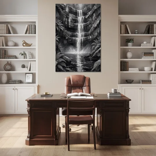 Monochrome Landscape Painting of a Tiered Waterfall - Canvas Wall Art - Office - 40x60