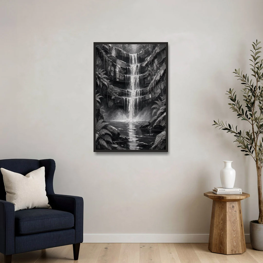 Monochrome Landscape Painting of a Tiered Waterfall - Black Framed Canvas Wall Art - Sofa - 24x36