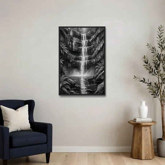 Monochrome Landscape Painting of a Tiered Waterfall - Black Framed Canvas Wall Art - Sofa - 24x36
