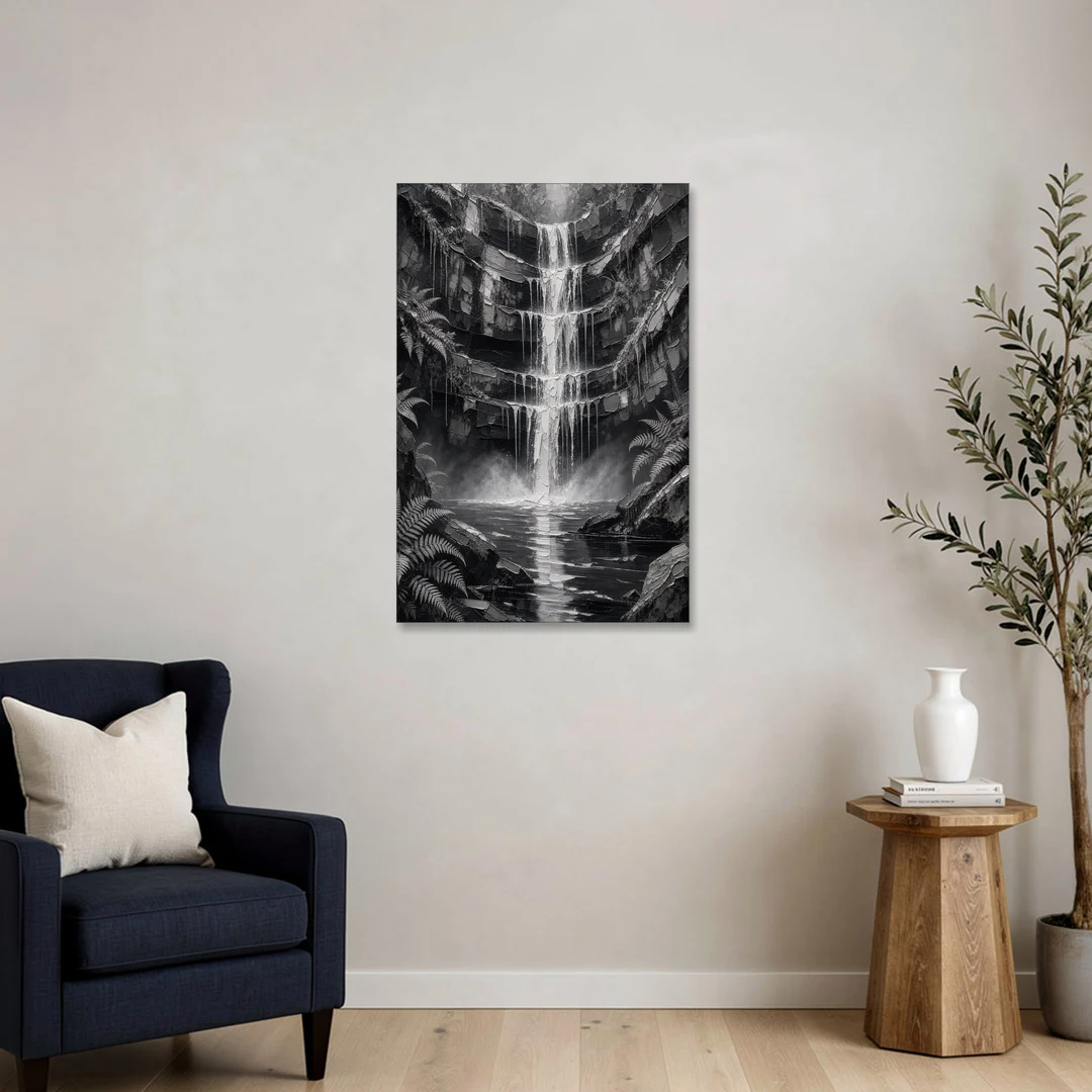 Monochrome Landscape Painting of a Tiered Waterfall - Canvas Wall Art - Sofa - 24x36