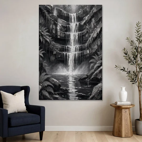 Monochrome Landscape Painting of a Tiered Waterfall - Canvas Wall Art - Sofa - 40x60