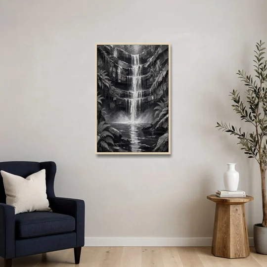 Monochrome Landscape Painting of a Tiered Waterfall - Oak Framed Canvas Wall Art - Sofa - 24x36