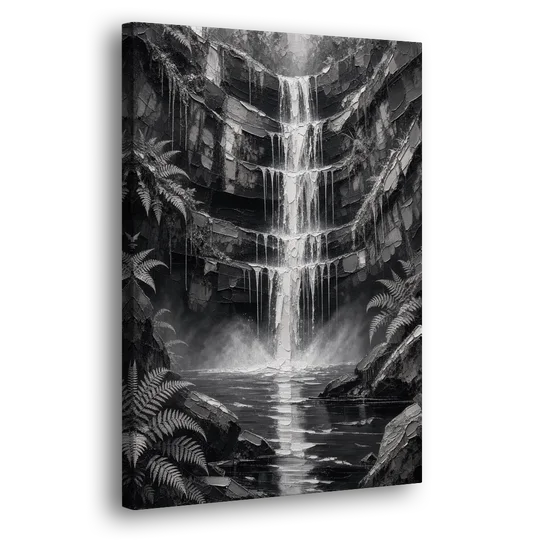 Monochrome Landscape Painting of a Tiered Waterfall - Canvas Wall Art - Side