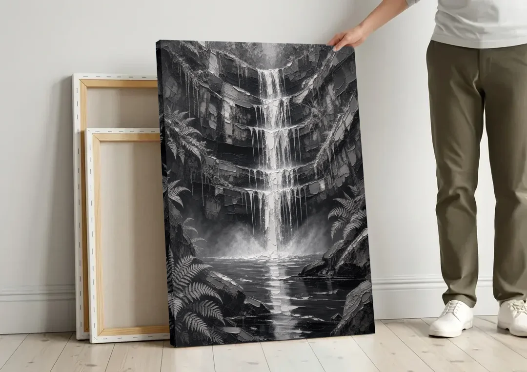 Monochrome Landscape Painting of a Tiered Waterfall canvas wall art leaning against a wall next to blank canvases