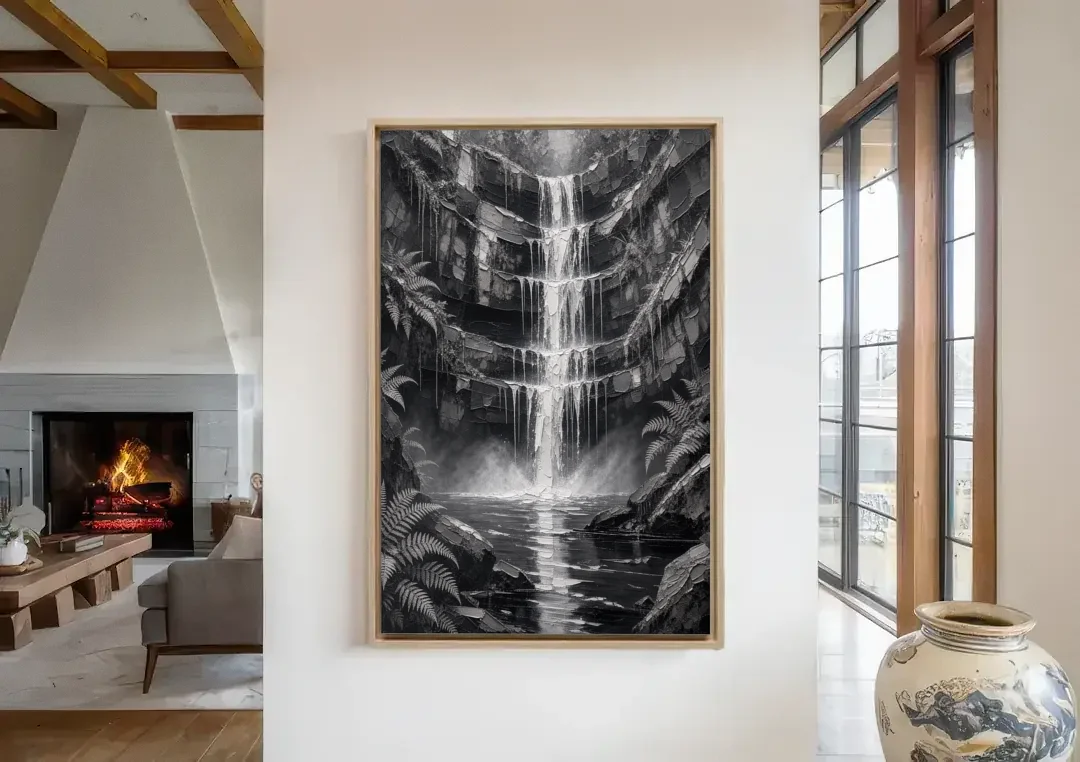 Monochrome Landscape Painting of a Tiered Waterfall canvas wall art in a living room with a fireplace
