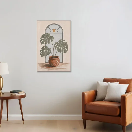 Monstera Wall Art Under the Arched Window - Canvas Wall Art - Sofa - 24x36