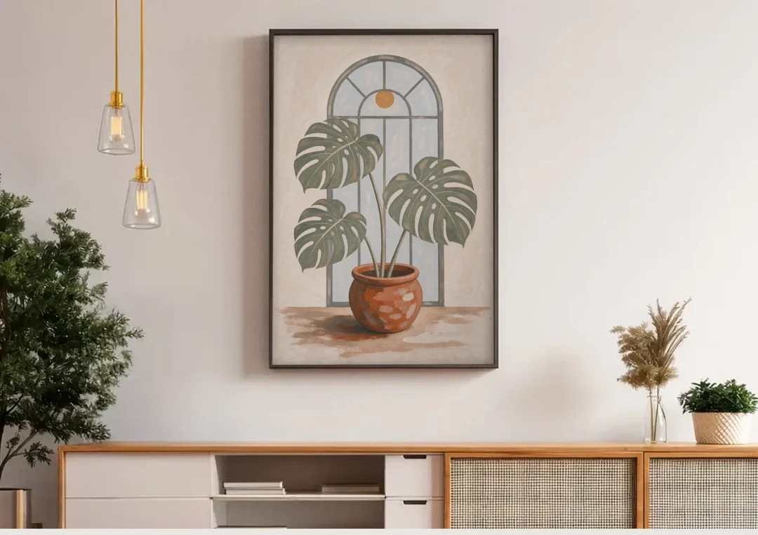 Monstera Wall Art Under the Arched Window canvas wall art above a wooden sideboard under pendant lights
