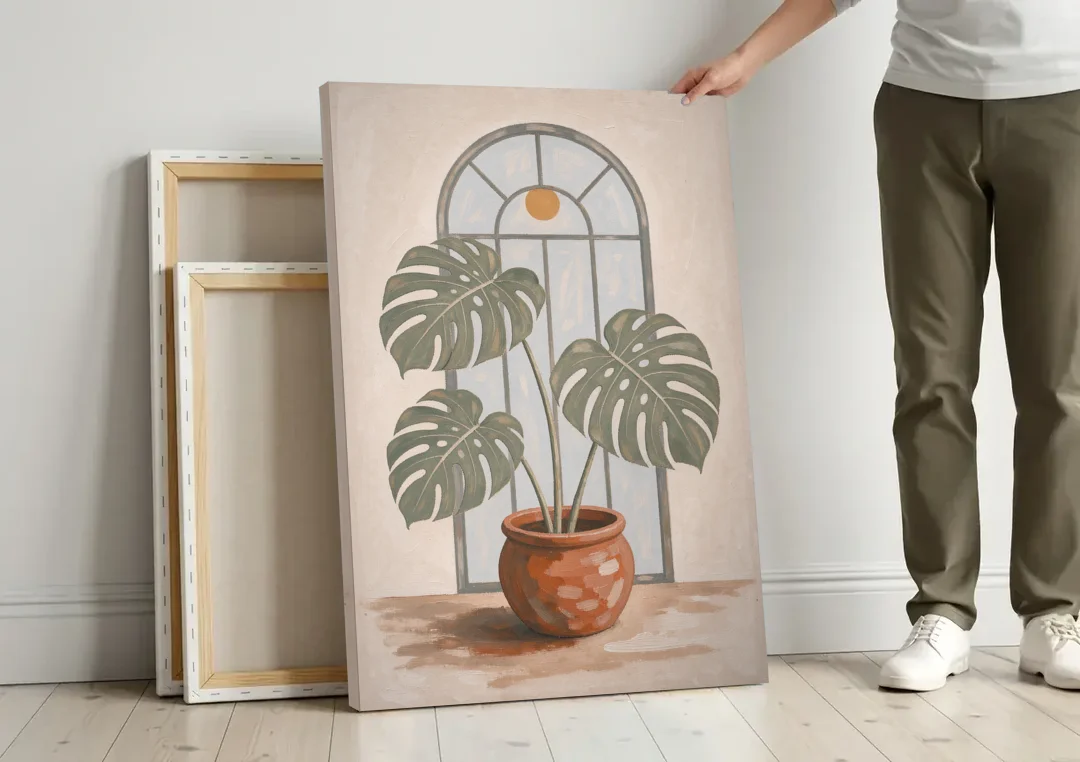 Monstera Wall Art Under the Arched Window canvas wall art leaning against a wall next to blank canvases