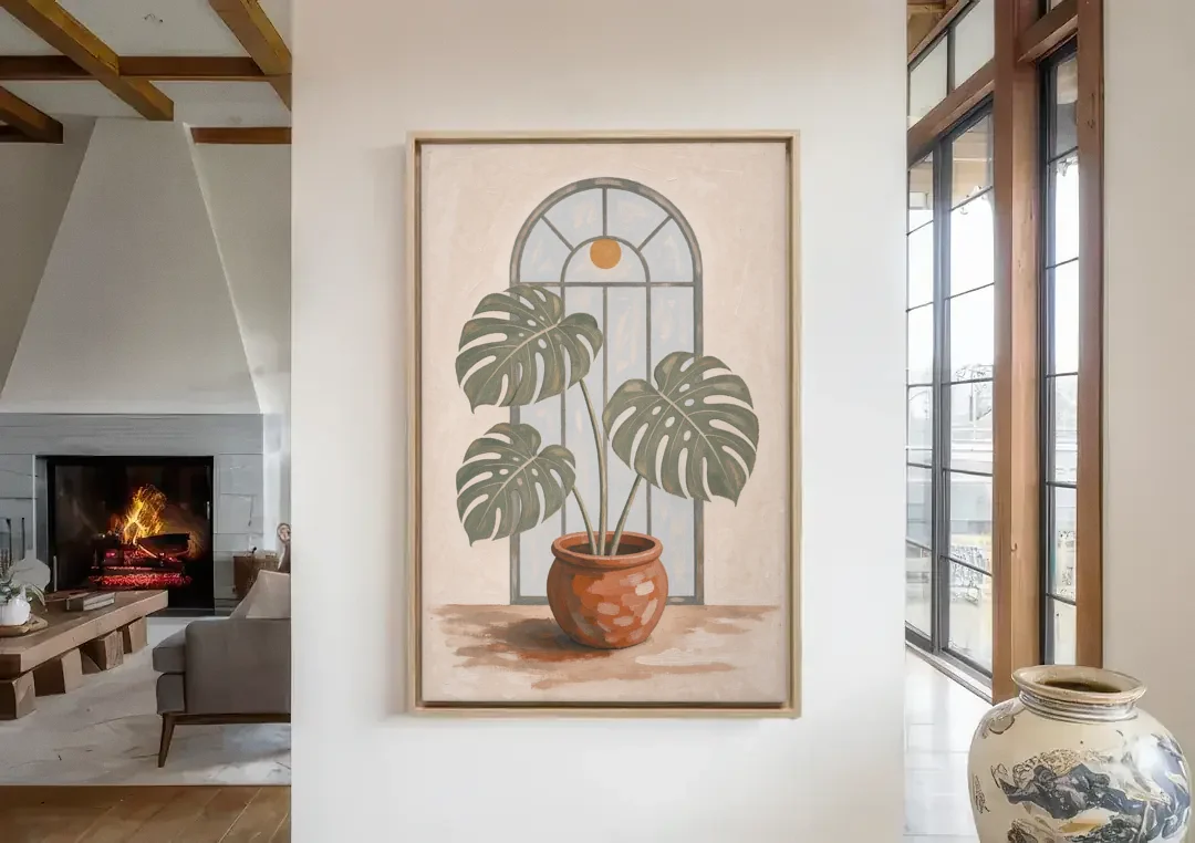 Monstera Wall Art Under the Arched Window canvas wall art in a living room with a fireplace