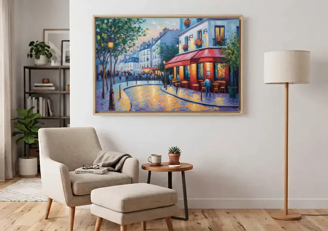 Montmartre Moments canvas wall art above an armchair in a bright living room