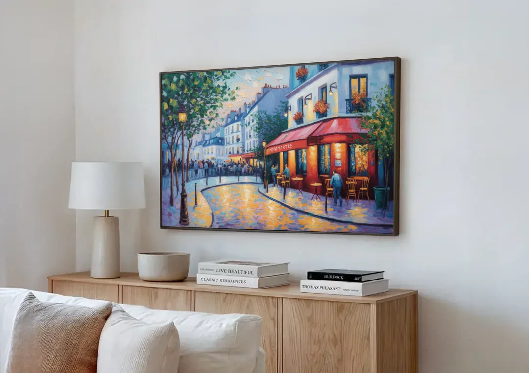 Montmartre Moments canvas wall art above a wooden sideboard next to a sofa